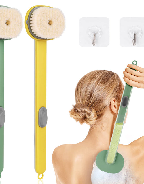 Load image into Gallery viewer, Ainiv 2 Pack Back Scrubber for Shower Long Handled Shower Brush with Soap Dispenser Exfoliating Body Scrubber for Wet or Dry Brushing Shower Brush with Soft Bristles（Yellow &amp; Green）
