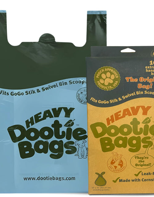 Load image into Gallery viewer, HEAVY Dootie Bags® VERY LARGE Dog and Cat Waste Poop Bags. 100 Count Strong Multi-Use, Leakproof with EZ Tie Handles and Gussets. Made with Corn Starch. Fits  and Swivel Bin Pooper Scoopers.
