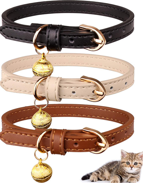 Load image into Gallery viewer, 3 Pack Leather Cat Collars with Bells Soft Pet Safety Collar Kitten Collars with Bell Black Chocolate Beige(Xs)
