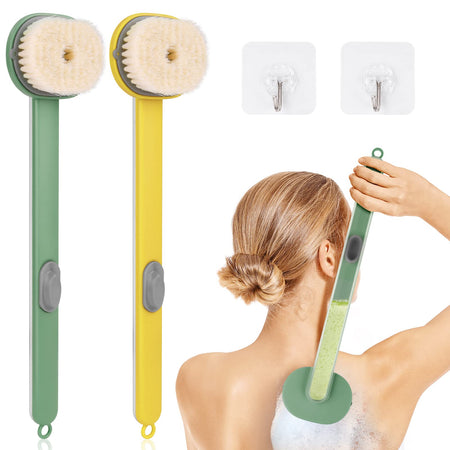 Ainiv 2 Pack Back Scrubber for Shower Long Handled Shower Brush with Soap Dispenser Exfoliating Body Scrubber for Wet or Dry Brushing Shower Brush with Soft Bristles（Yellow & Green）