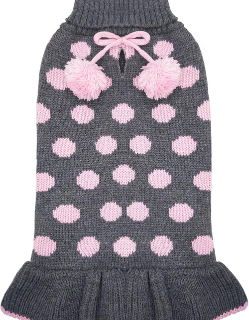 Load image into Gallery viewer, Dog Sweater Dress Turtleneck Polka Dot Dog Sweaters with Leash Hole Knitwear Warm Pet Sweater with Pom Pom Ball
