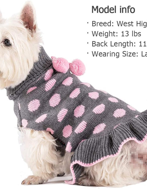 Load image into Gallery viewer, Dog Sweater Dress Turtleneck Polka Dot Dog Sweaters with Leash Hole Knitwear Warm Pet Sweater with Pom Pom Ball
