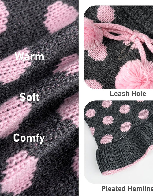 Load image into Gallery viewer, Dog Sweater Dress Turtleneck Polka Dot Dog Sweaters with Leash Hole Knitwear Warm Pet Sweater with Pom Pom Ball
