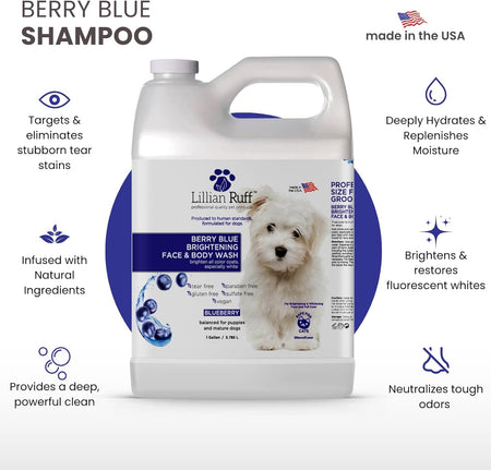 Berry Blue Brightening Face and Body Wash for Dogs - Blueberry Shampoo - Remove Tear Stains, Hydrate Dry Itchy Skin, Add Shine & Luster to Coats (Berry Blue Shampoo Gallon/Pump)