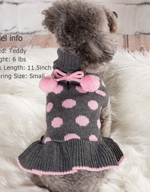 Load image into Gallery viewer, Dog Sweater Dress Turtleneck Polka Dot Dog Sweaters with Leash Hole Knitwear Warm Pet Sweater with Pom Pom Ball

