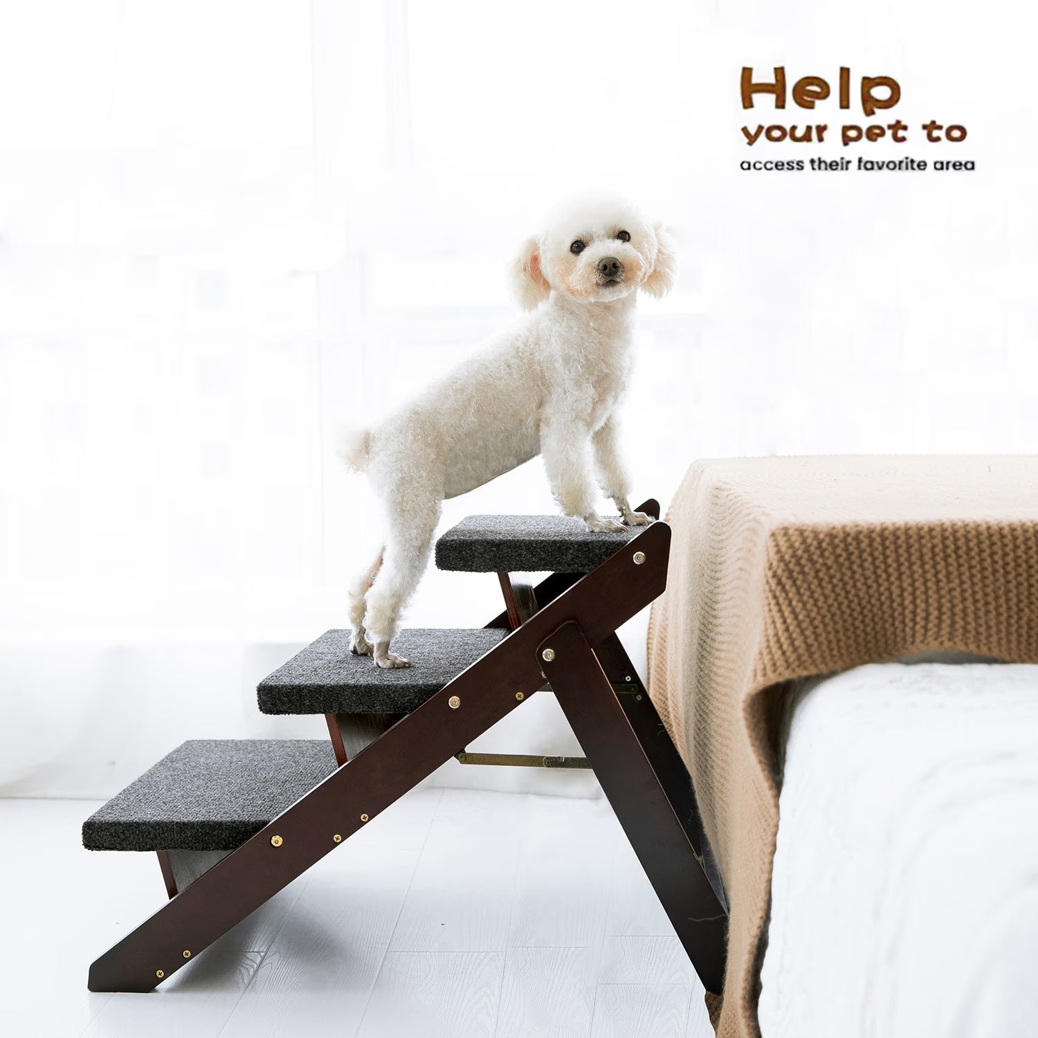 Wood Pet Stairs Pet Steps Foldable 3 Levels Dog Stairs & Ramp Perfect For Beds And Cars Portable Dog Cat Ladder Up To 110 Pounds