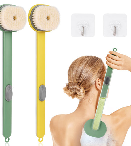 Ainiv 2 Pack Back Scrubber for Shower Long Handled Shower Brush with Soap Dispenser Exfoliating Body Scrubber for Wet or Dry Brushing Shower Brush with Soft Bristles（Yellow & Green）